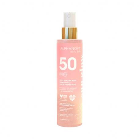 Glitter pink sun oil bio SPF50 van Alphanova Sun