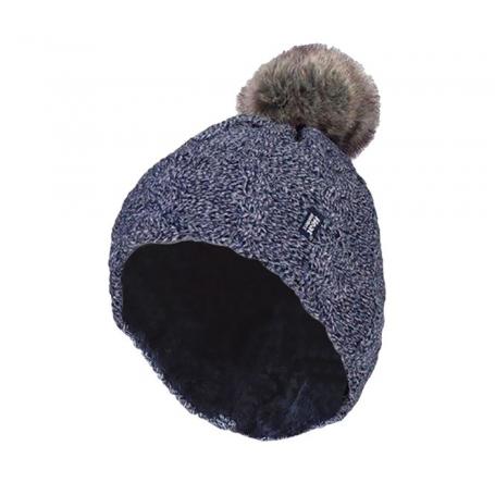 Ladies turnover cable hat with pom pom navy van Heat Holders