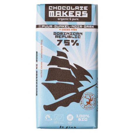 Reep tres hombres 75% puur met cacaonibs bio van Chocolatemakers