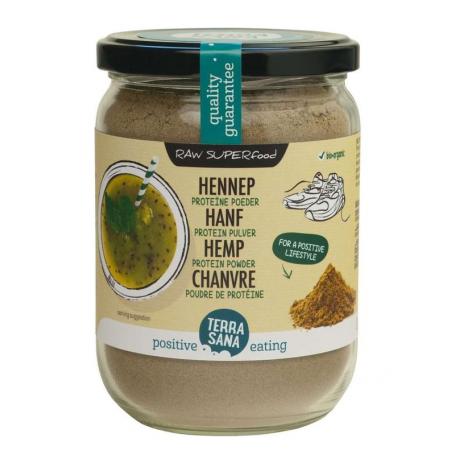Raw hennep protein poeder in glas bio van Terrasana