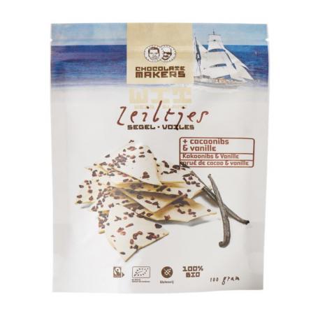 Zeiltjes wit met cacaonibs & vanille bio van Chocolatemakers