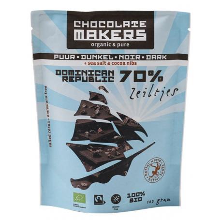 Zeiltjes puur 70% met cacaonibs & zeezout bio van Chocolatemakers