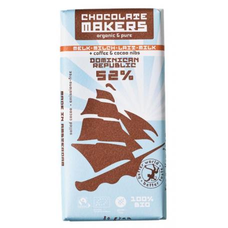 Reep tres hombres 52% melk cacaonibs & koffie bio van Chocolatemakers
